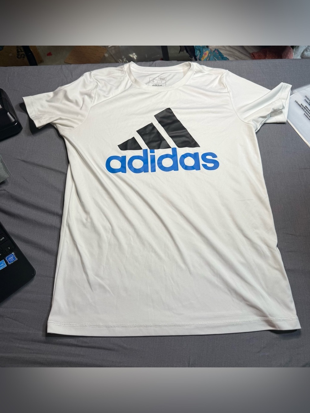 adidas White Short Sleeve Tee with Black Logo and Blue Wordmark (Youth)